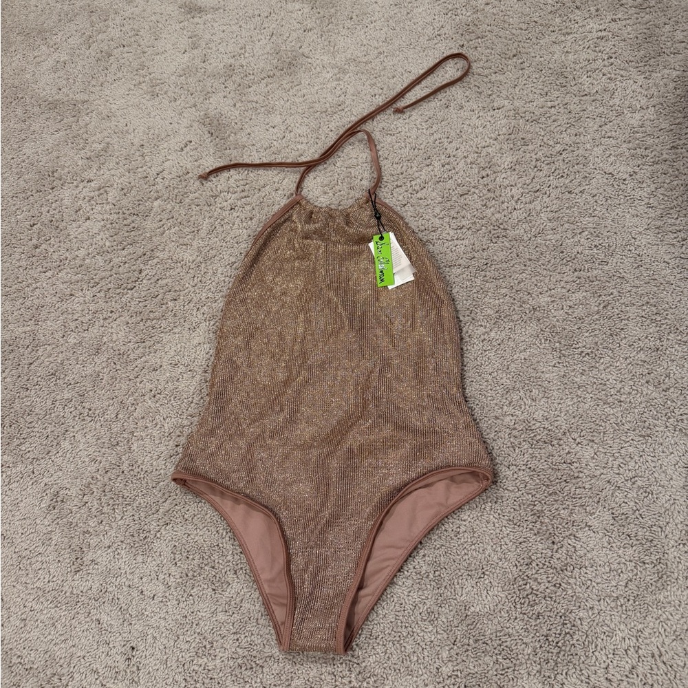 Shimmering Rose Gold Sam Edelman Halter Swimsuit